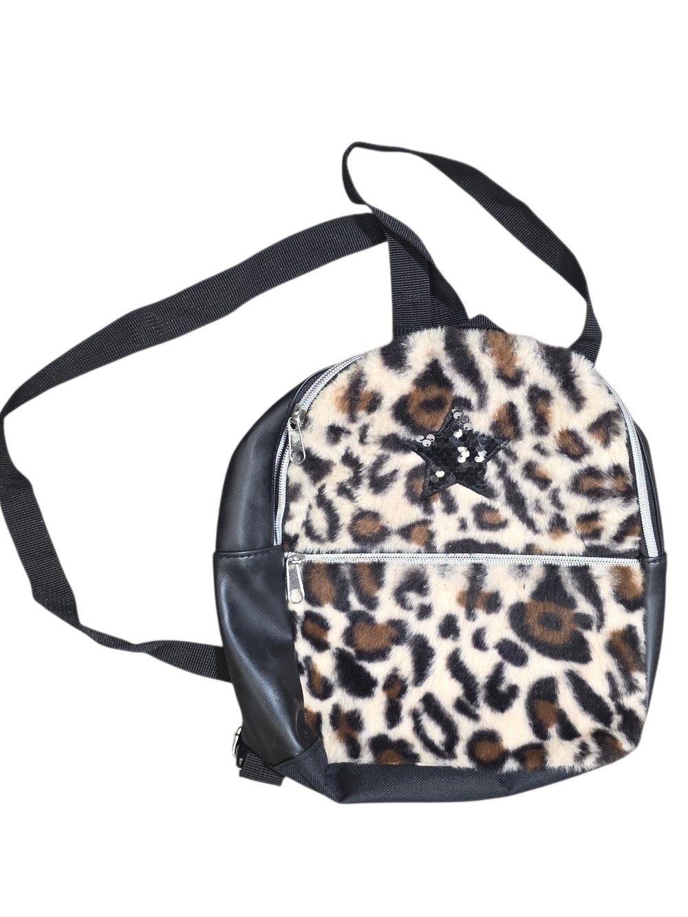 Leopard Print Faux Fur Backpack with Star Accent - Black & Brown
